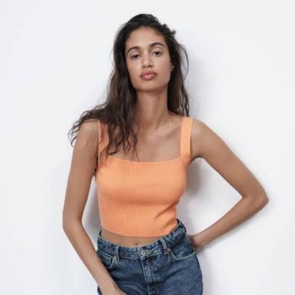 Zara Knit Cropped Square Tank Top Orange Cream Size Small - Picture 1 of 6